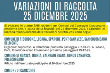 Variazione calendario di raccolta rifiuti giorno 25 dicembre 2025.